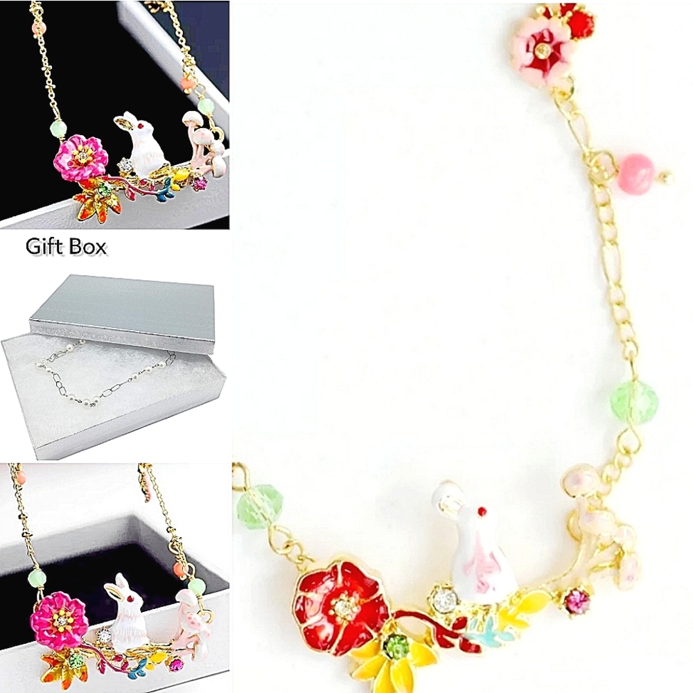 18K gold plated multicolor flower fern white rabbit mushroom necklace